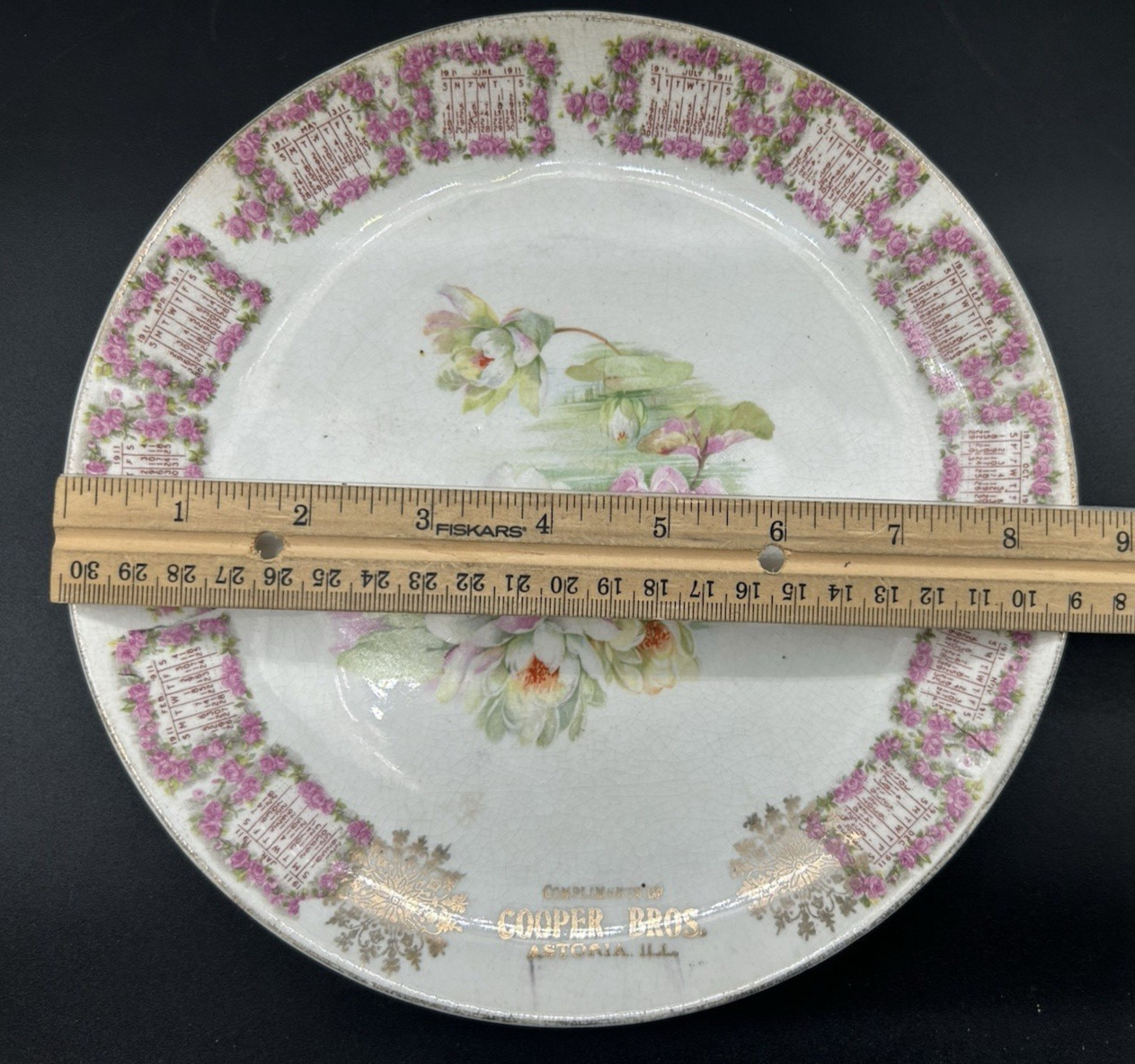 Antique 1911 12-Month Calendar Plate, Cooper Brothers Astoria, Illinois