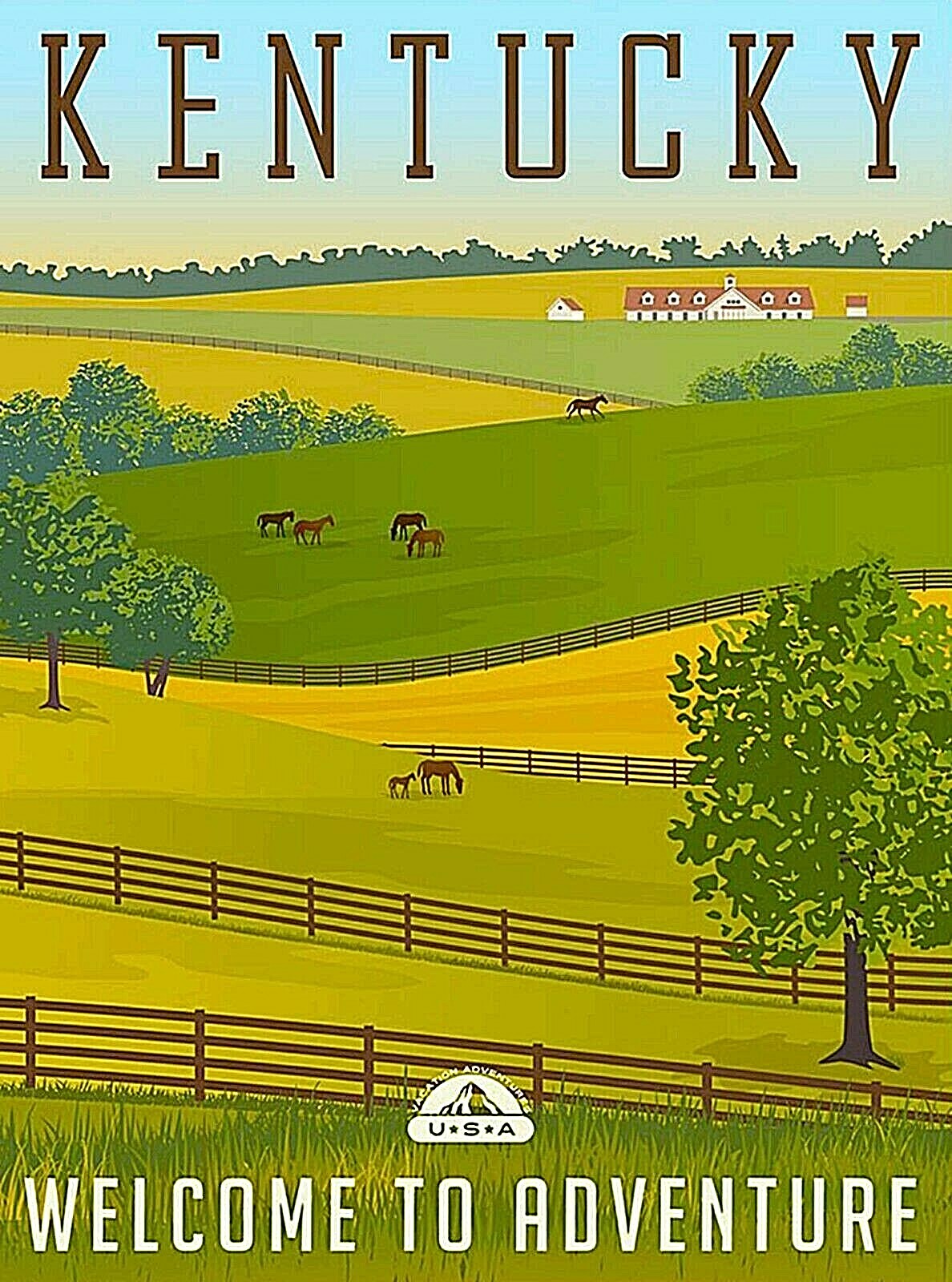 Kentucky Welcome to Adventure Retro United States Travel Art Deco Poster Print
