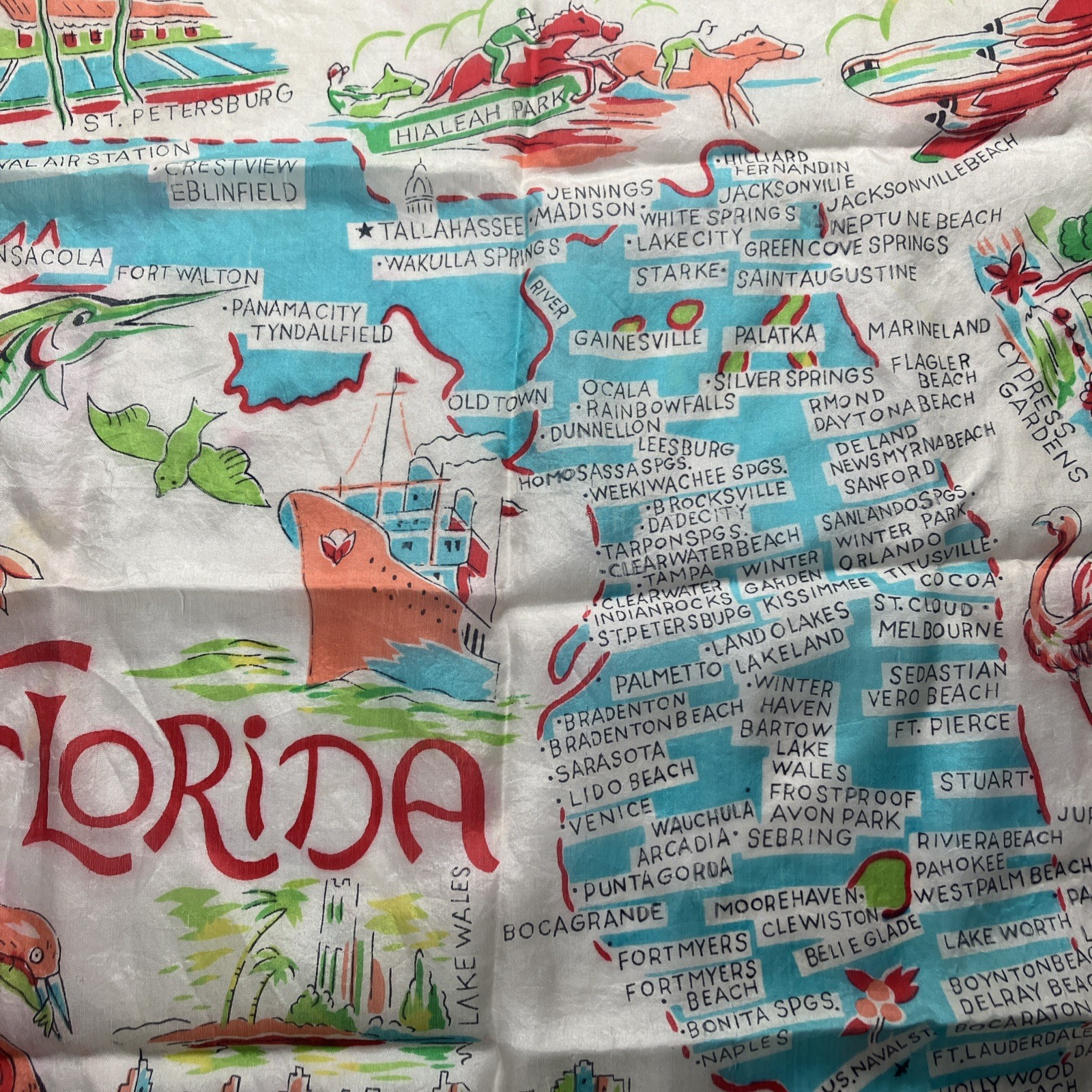 Vintage FLORIDA Map Souvenir Sheer Pink Scarf Hair wrap bandana flamingos