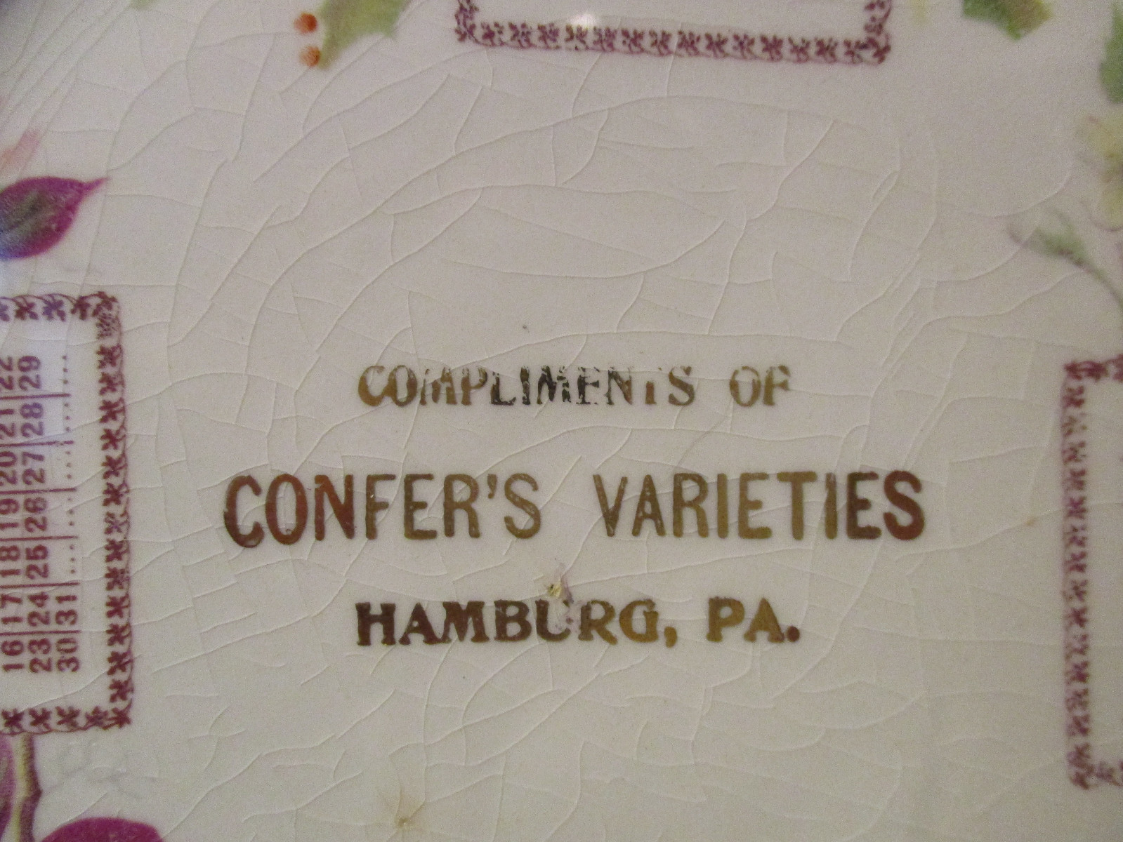 1906 Souvenir Calendar Plate Confers Varieties Hamburg Pennsylvania