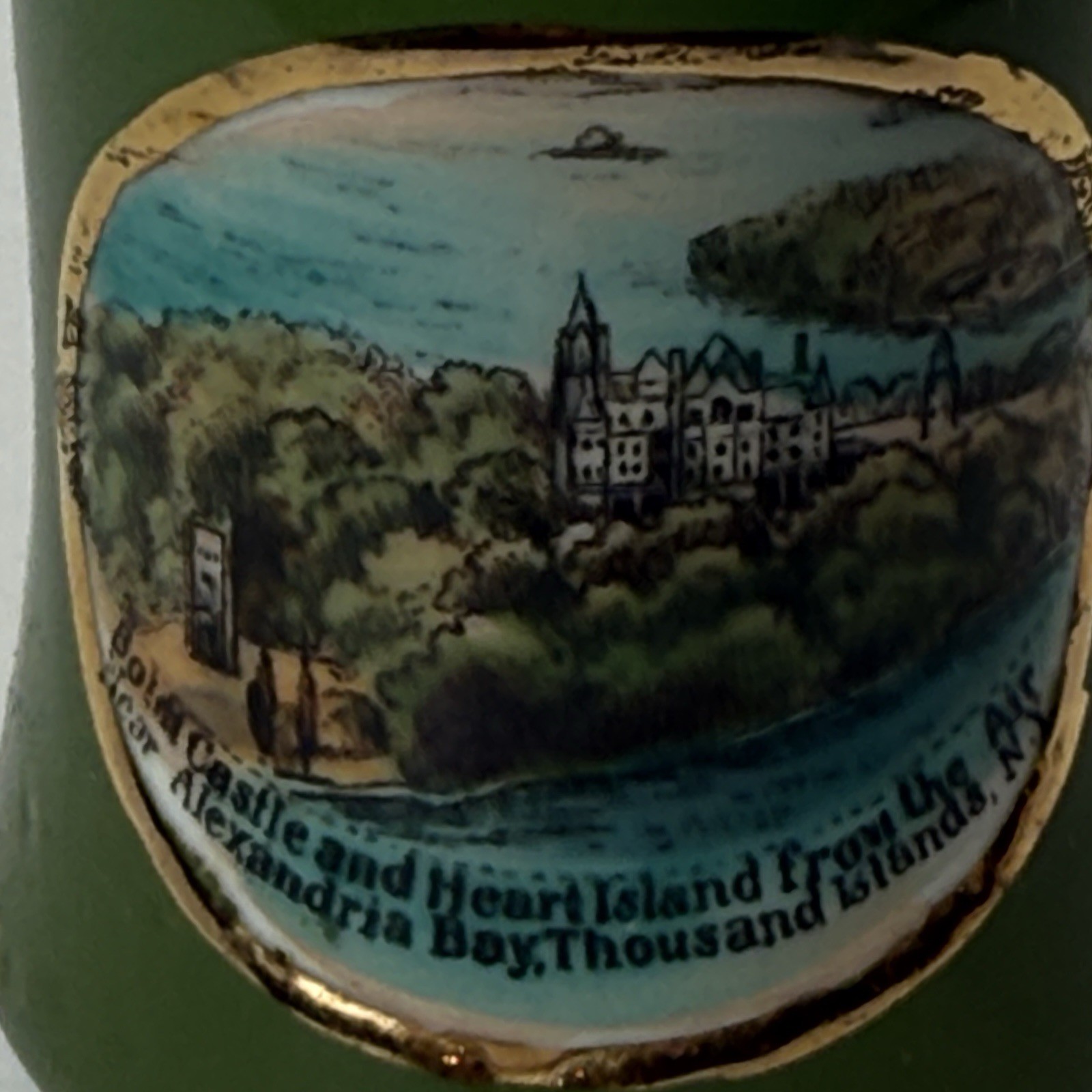 THOUSAND ISLAND NY NEW YORK Souvenir Porcelain CASTLE Trinket GREEN Creamer