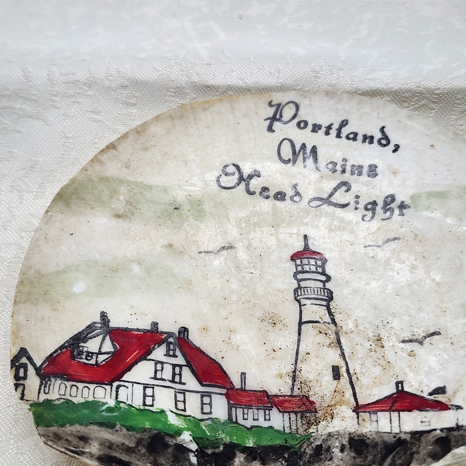 Vintage Portland Headlight Hand Painted Souvenir Seashell Lighthouse Maine