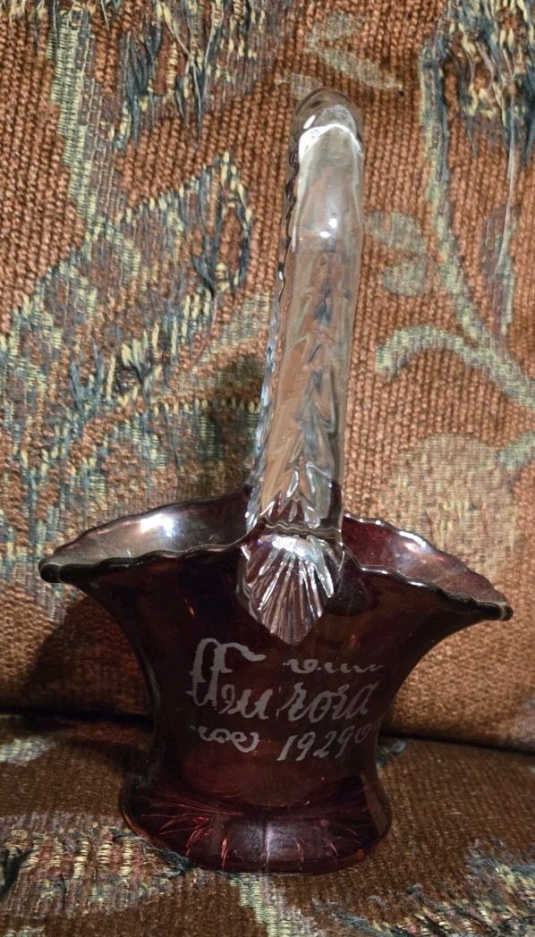 Aurora IL 1929 Ruby Flash Souvenir Handled Basket Gladys