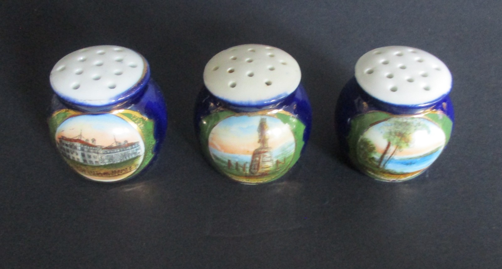Three (3) Early 20th Century Souvenir Cobalt Blue Shakers Lake George New York