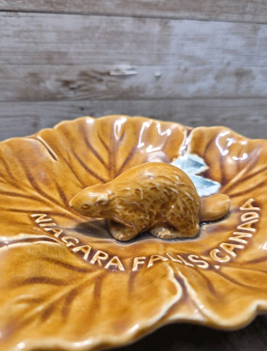 Vintage Niagra Falls Canada Leaf Shaped Trinket Ceramic Dish Beaver Japan