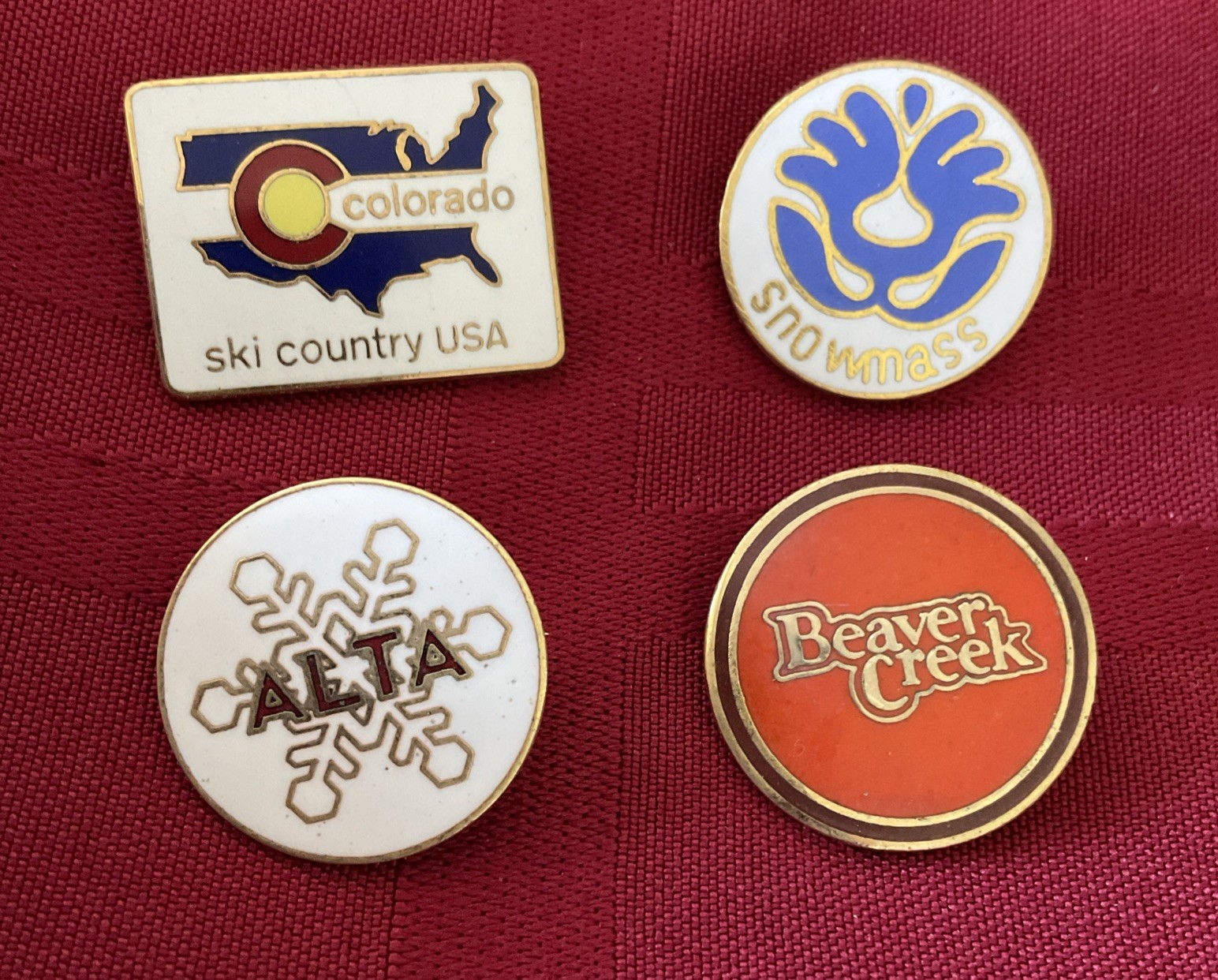 4 Vintage Colorado Ski Resort Enamel Lapel Pins Lot Snowmass Beavercreek Alta