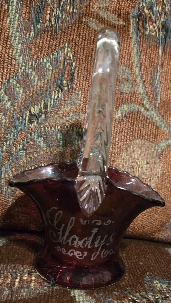 Aurora IL 1929 Ruby Flash Souvenir Handled Basket Gladys