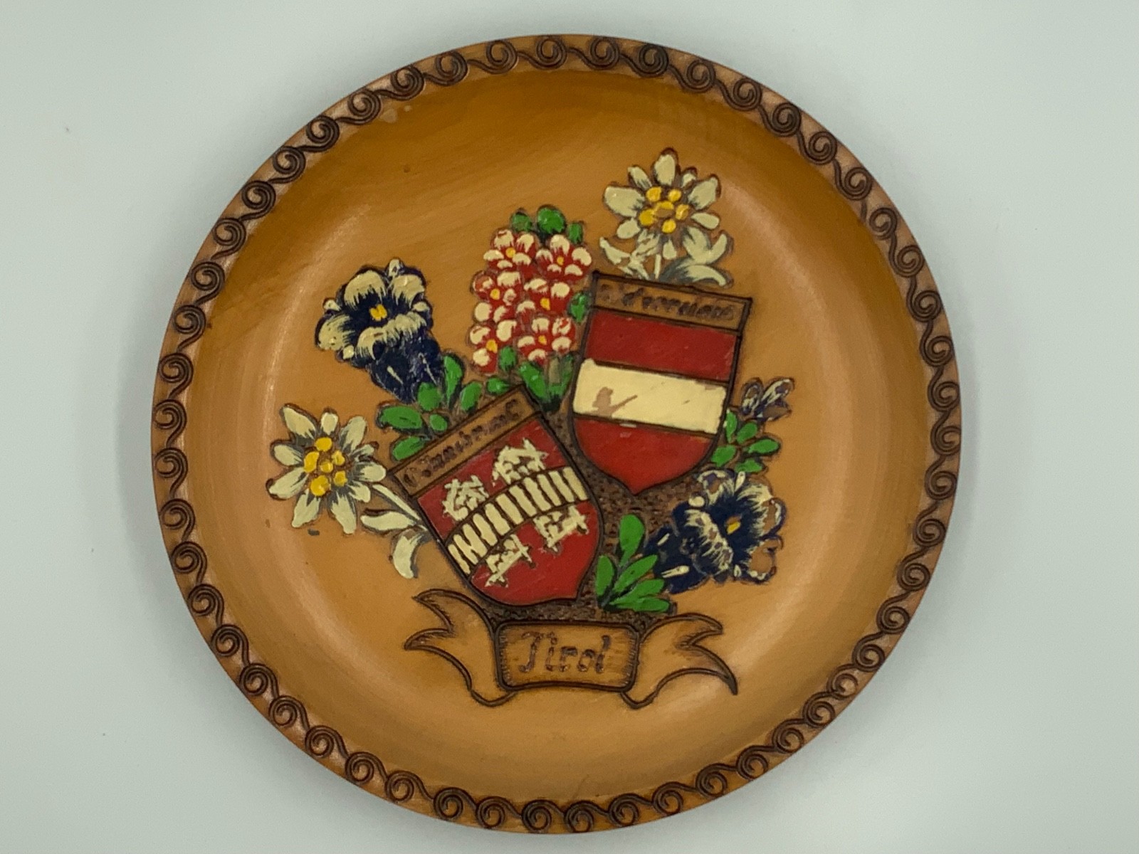 Vintage Hand Painted TIROL Wooden AUSTRIAN Plate 1950’s 8.5” diameter
