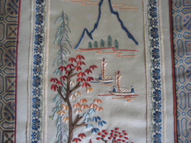 Oriental Embroidery Panel Wall Hanging Silk 16 x 9 in. Set of 3