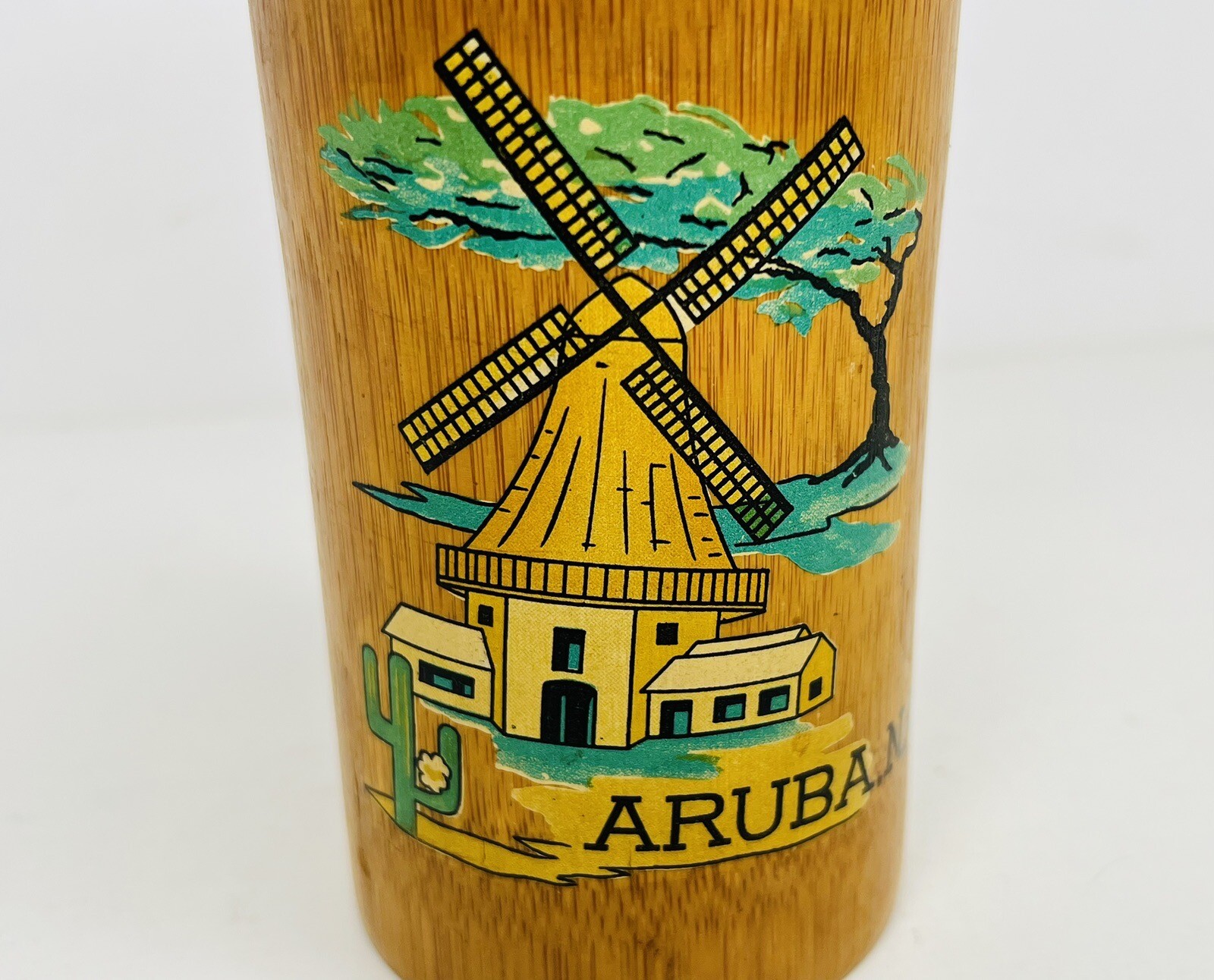Vtg Bamboo Wood Cup Aruba, N.A. Windmill Tiki Bar Utensil Pen Holder 5.5″Tall