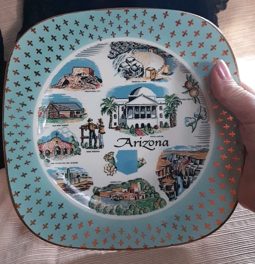 Vtg MCM Mid Century State of Arizona Collectible Square Souvenir Plate Teal