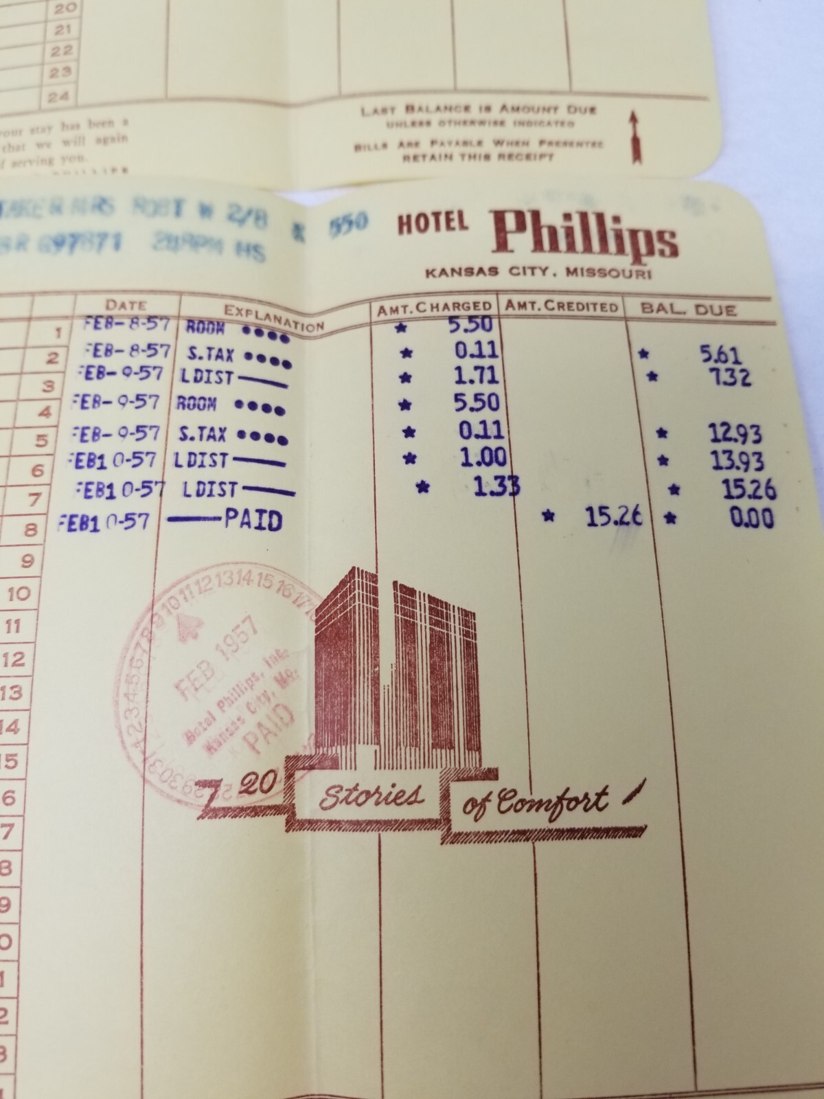 Hotel Phillips Bill February 1957 Kansas City Missouri 20 Stories of Comfort