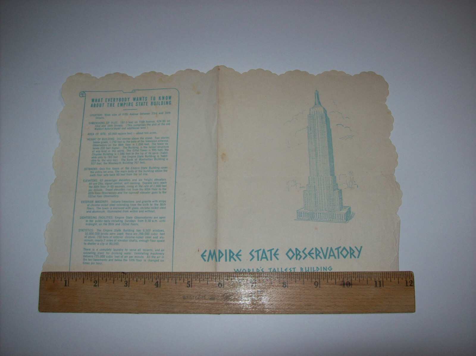 Original Vintage EMPIRE STATE BUILDING OBSERVATORY Souvenir Placemat, x