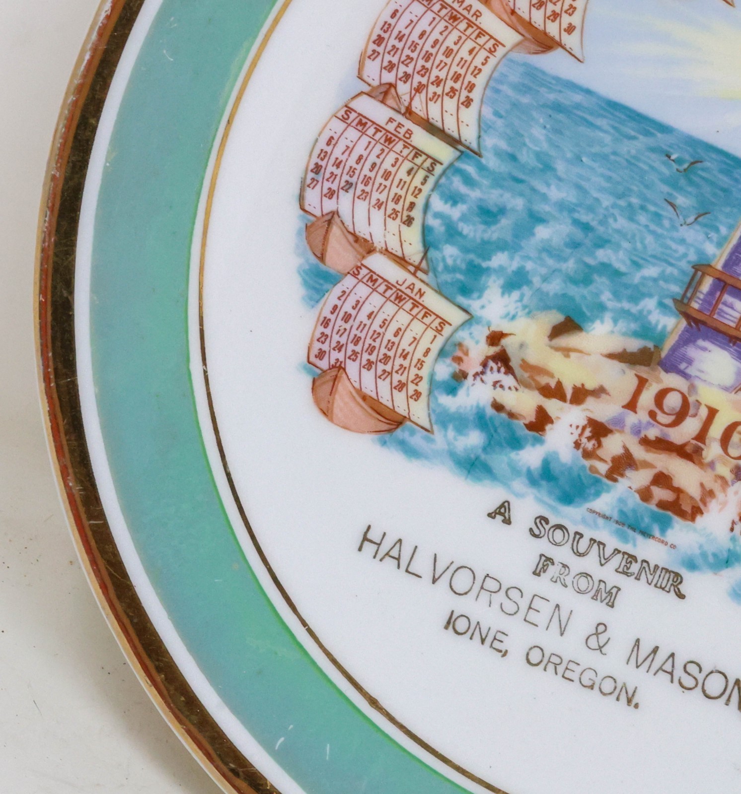 Antique 1910 Advertising Calendar Plate Ione Oregon Lighthouse Halvorsen & Mason