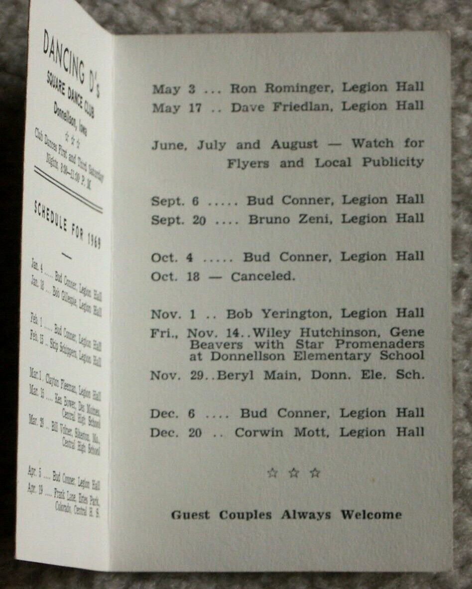 Two Square Dancing Dance 1969 Schedules Donnellson Ottumwa Iowa Bud Conner