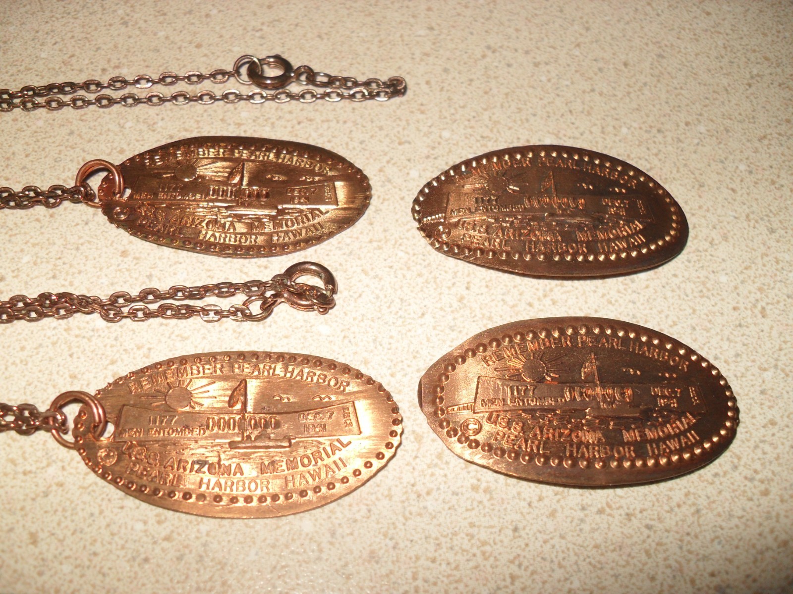 Remember Pearl Harbor U.S.S. Arizona Souvenir Press Penny Necklaces + Extra