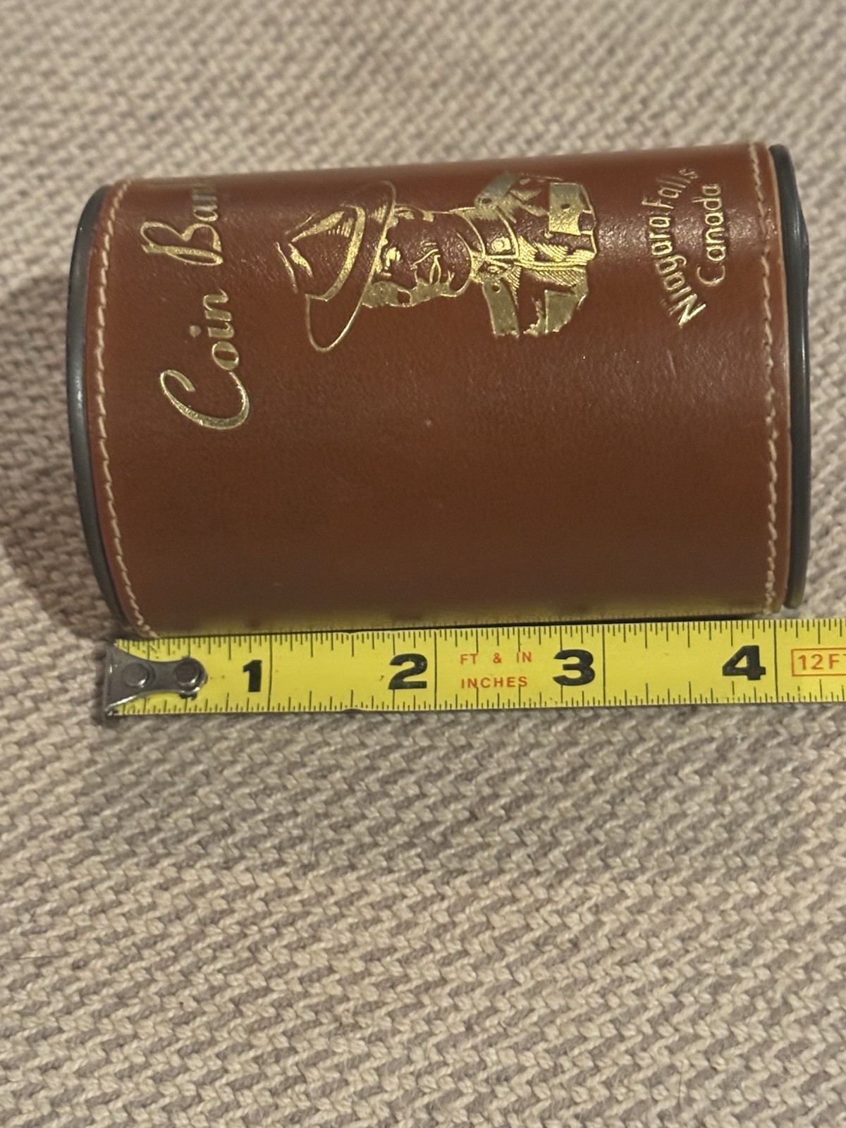 Vintage Souvenir RCMP Leather Cylindrical Coin Bank – Niagara Falls, Canada