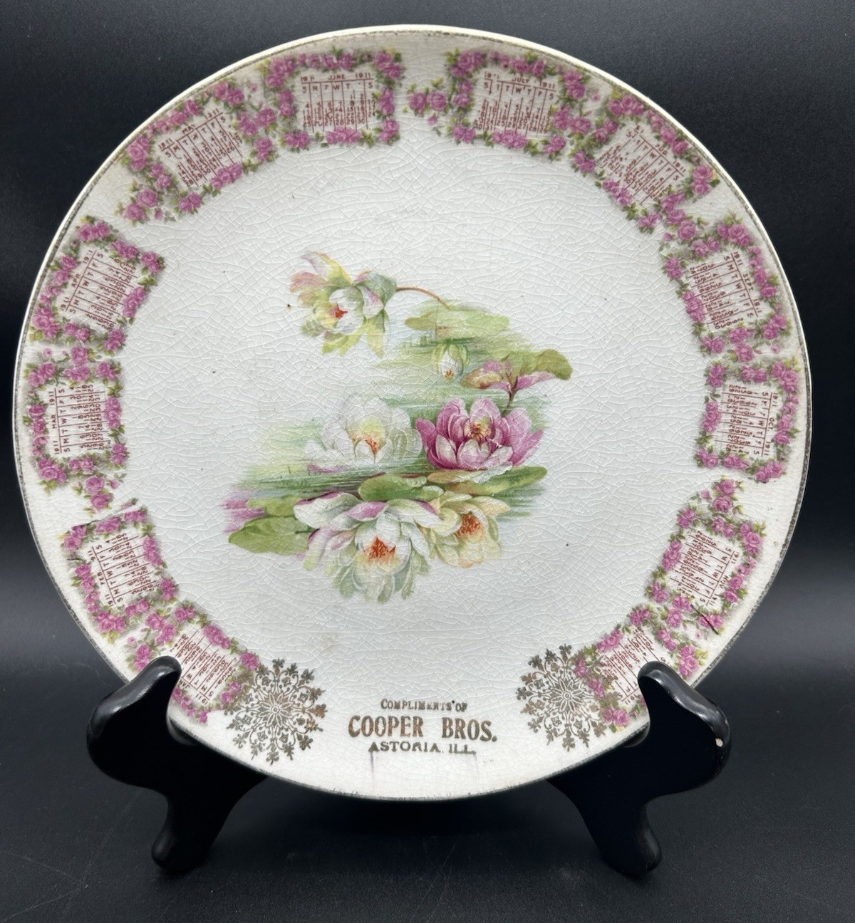 Antique 1911 12-Month Calendar Plate, Cooper Brothers Astoria, Illinois