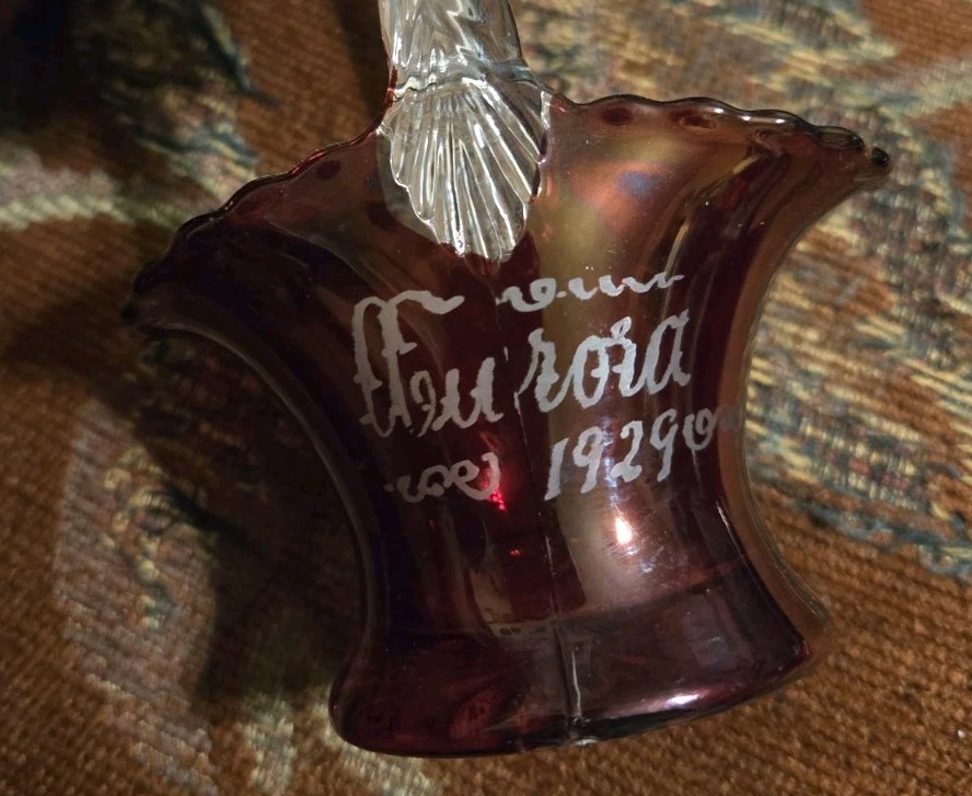 Aurora IL 1929 Ruby Flash Souvenir Handled Basket Gladys