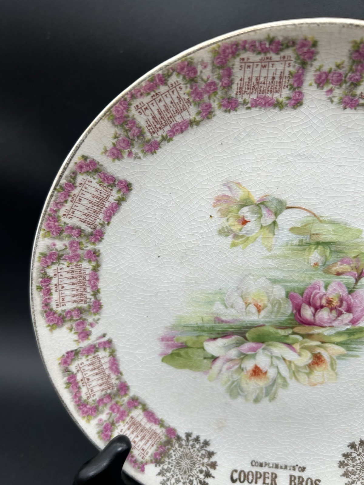 Antique 1911 12-Month Calendar Plate, Cooper Brothers Astoria, Illinois