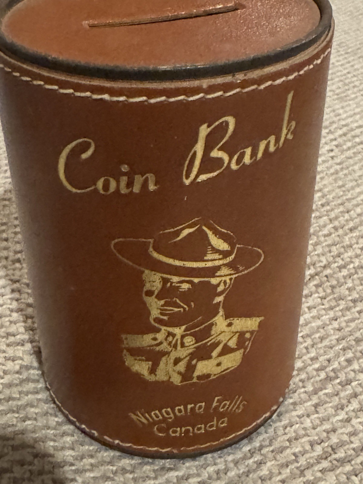 Vintage Souvenir RCMP Leather Cylindrical Coin Bank – Niagara Falls, Canada