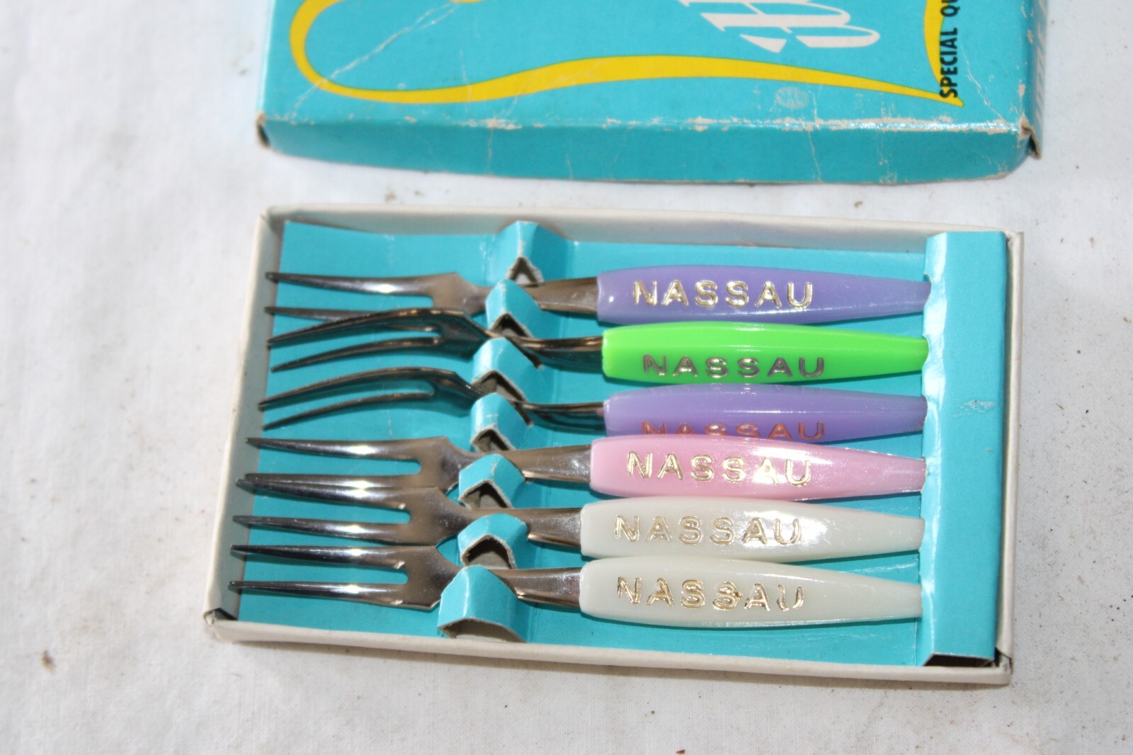 NOS Vtg Nassau Bahamas 6 Souvenir Little Canopy Forks & Spoons Stainless Steel