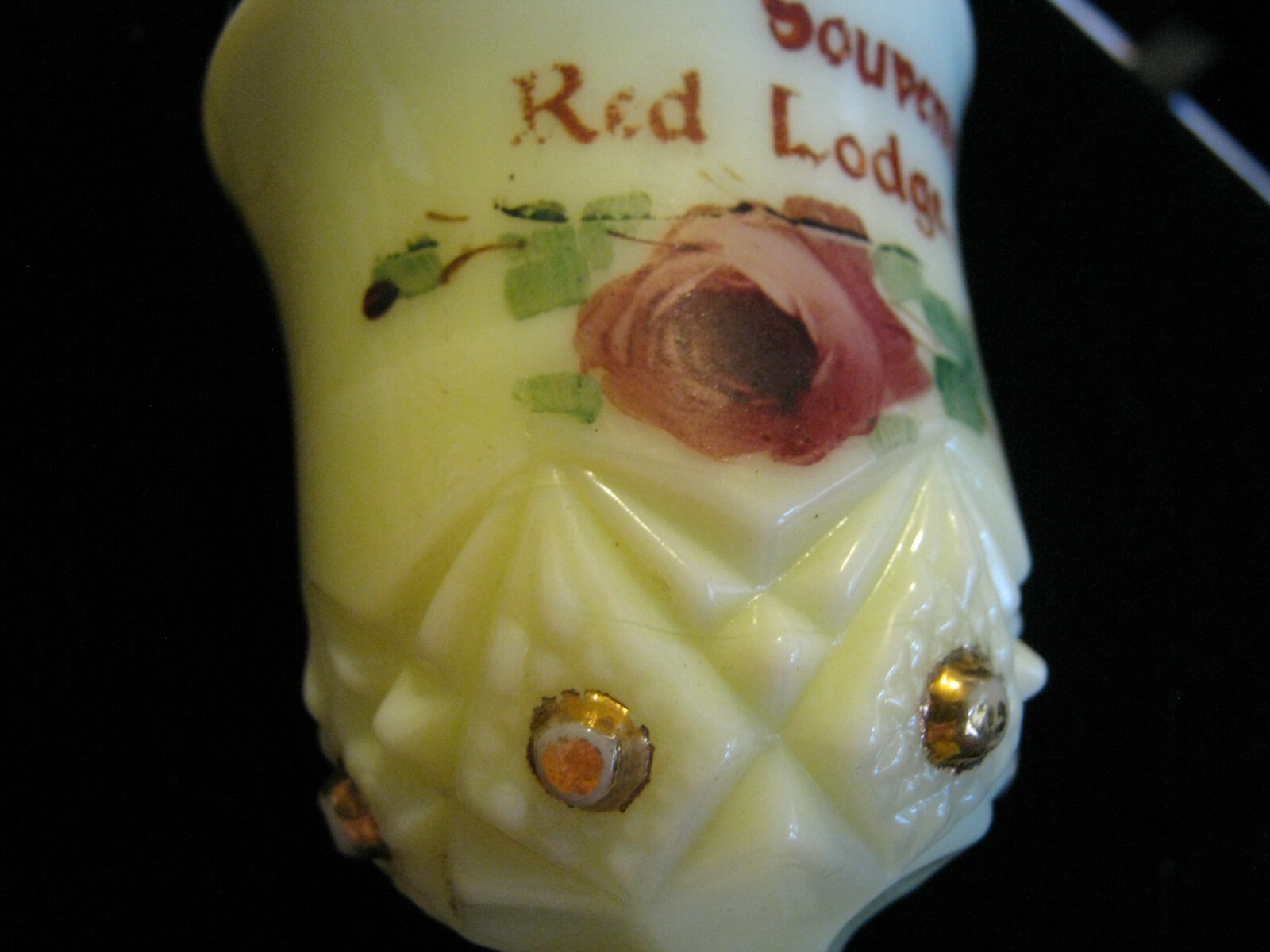 RED LODGE MONTANA 4″ Cordial by Jefferson Custard Glass Diamond w/ Peg 1904-1915