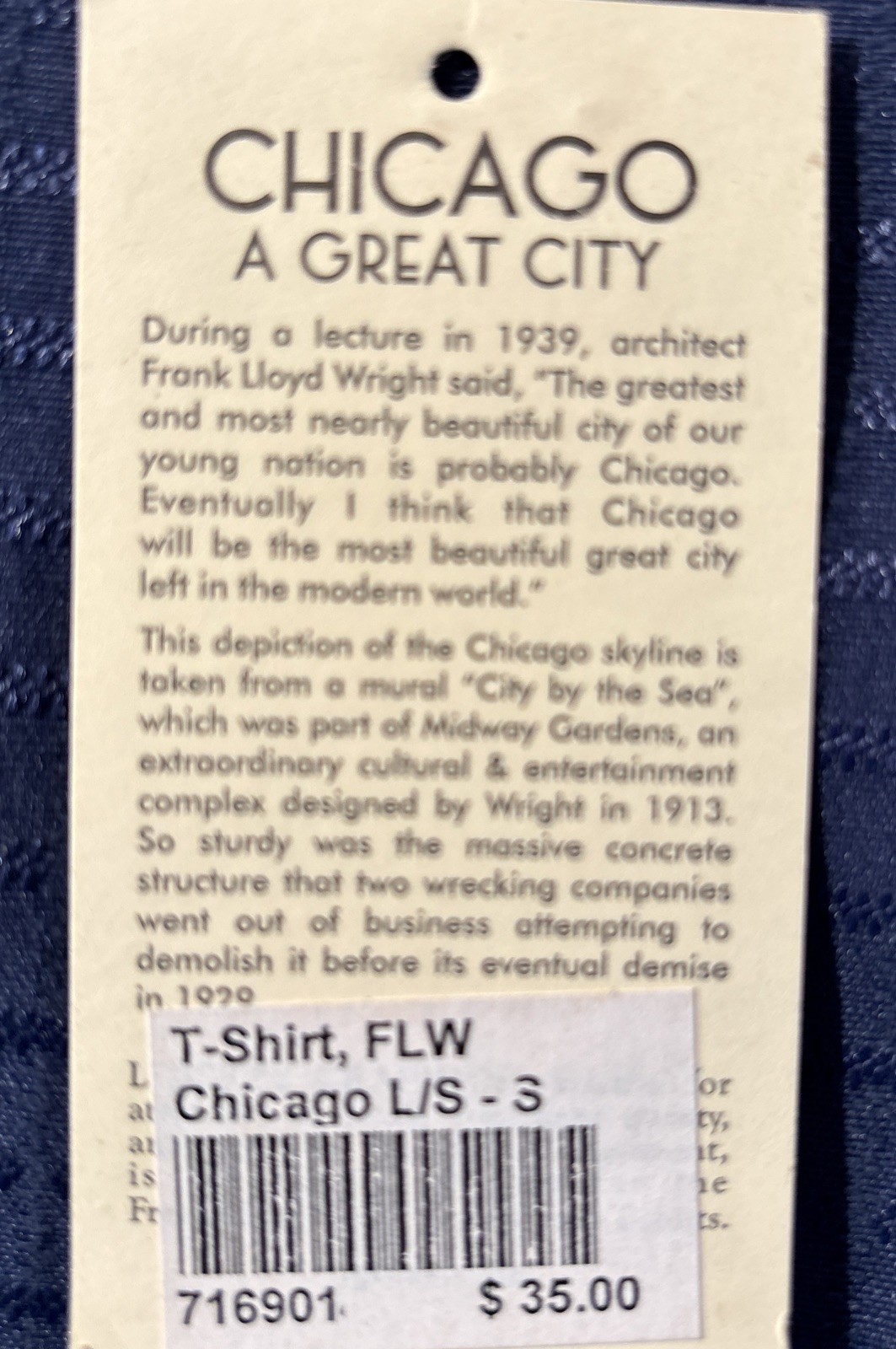 Frank Lloyd Wright Collection T-shirt Cityscape Art Chicago Size S Long Sleeves
