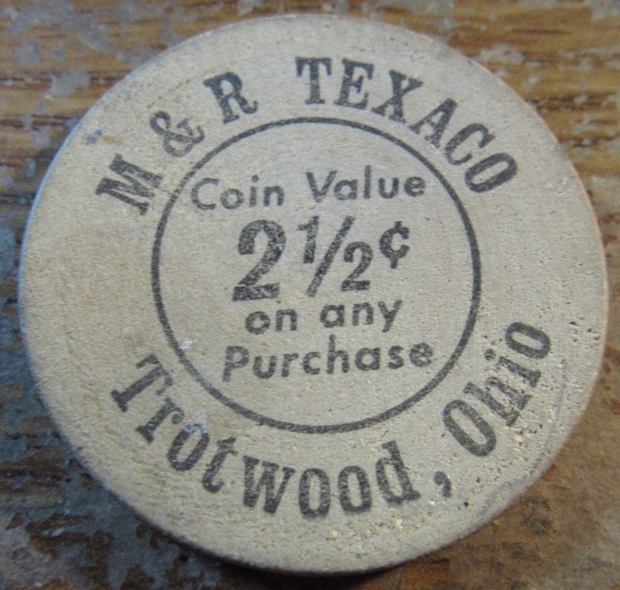 Vintage M&R Texaco 2-1/2c Trotwood, OH Wooden Nickel – Token OH
