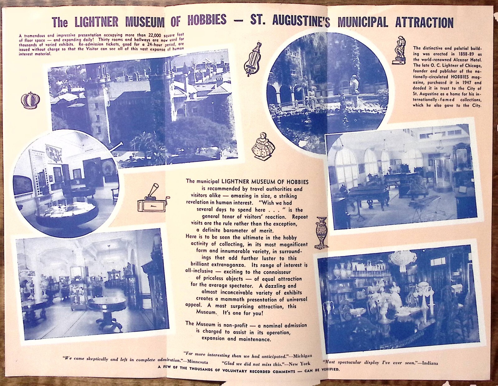 1950s ST AUGUSTINE FL LIGHTNER MUSEUM OF HOBBIES FOLDOUT TRAVEL BROCHURE Z4314