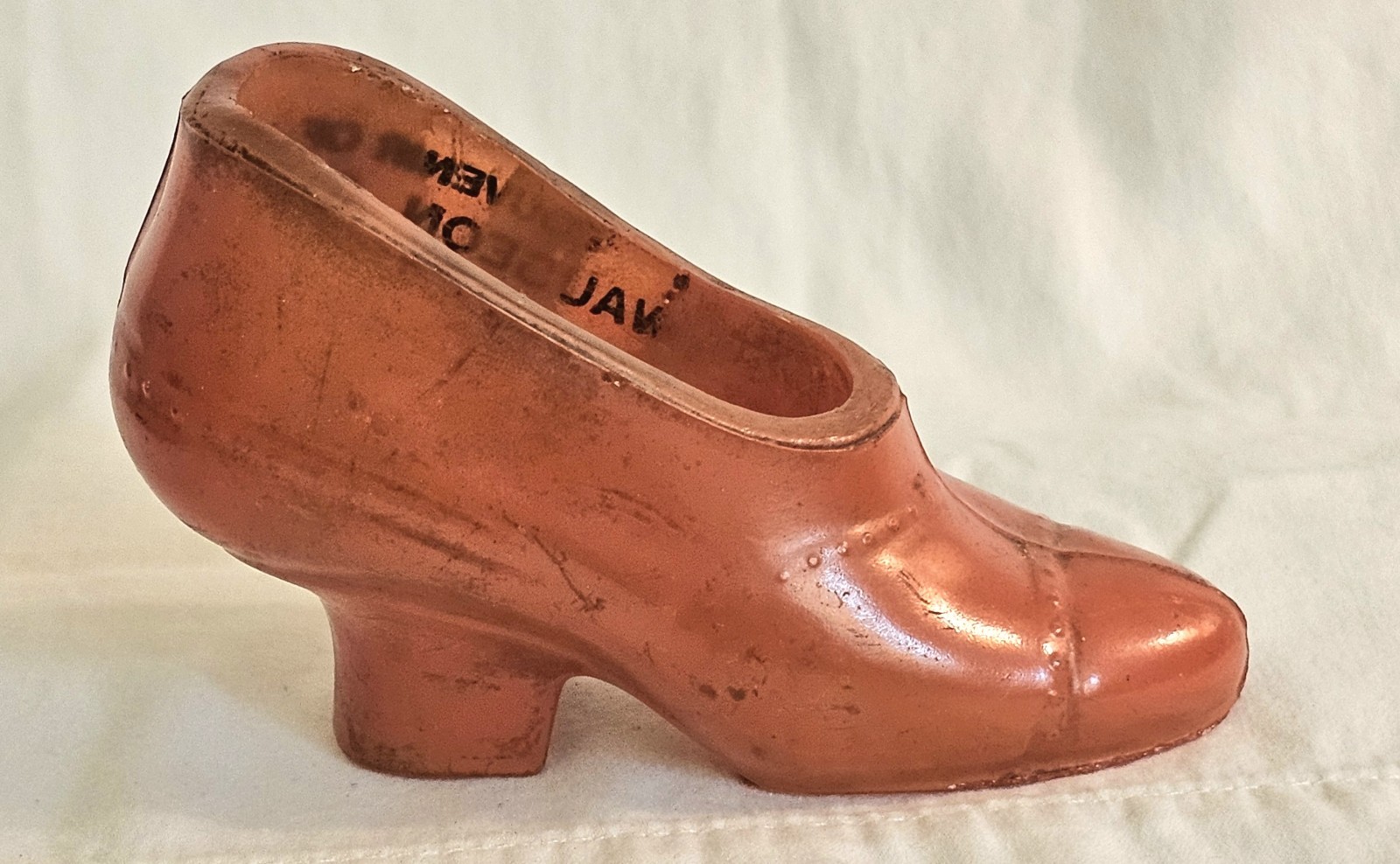 Vintage 1930s Antique Red Orange Painted Glass Shoe Souvenir Wauseon Ohio 4.5″