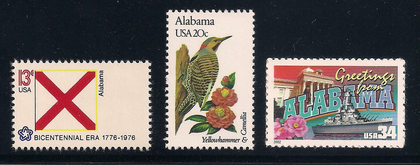 ALABAMA – STATE FLAG, BIRD, FLOWER – SET OF 3 U.S. STAMPS – MINT CONDITION