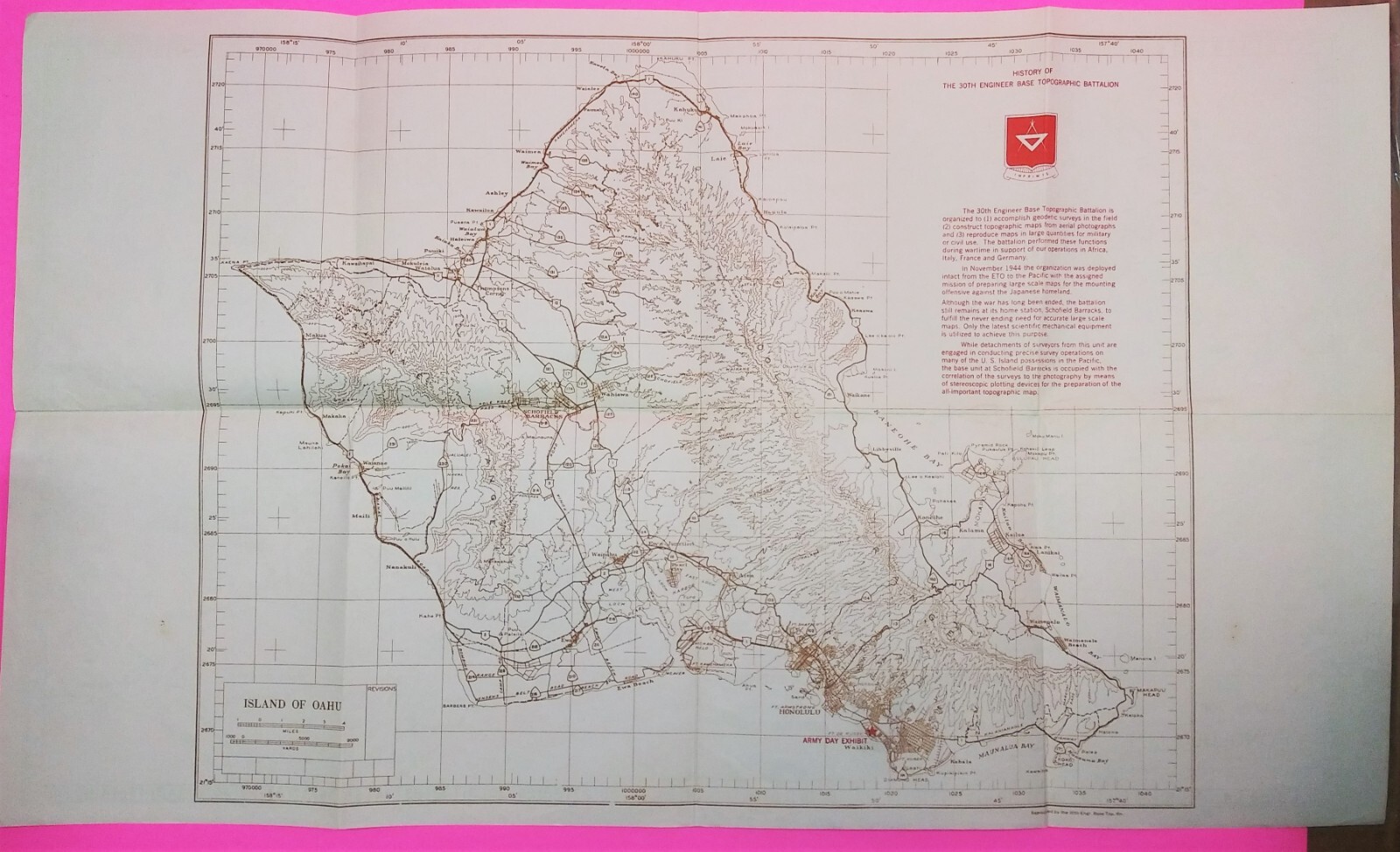 CITY MAP OF HONOLULU HAWAII & OAHU souvenir US Army Day 1948 30th Engineer Base