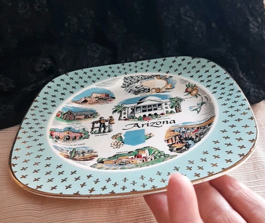 Vtg MCM Mid Century State of Arizona Collectible Square Souvenir Plate Teal