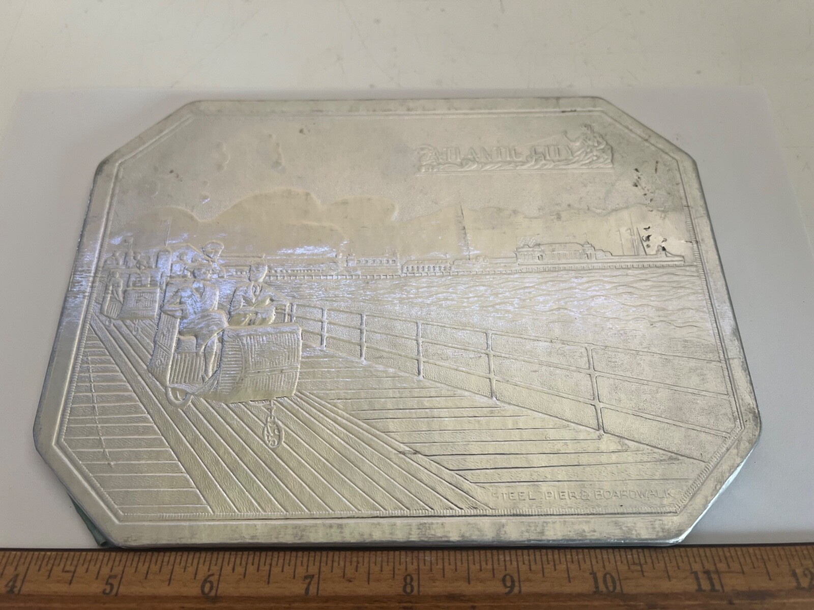 VINTAGE ATLANTIC CITY 1930’s STEEL PIER BOARDWALK EMBOSSED SILVER FOIL TRIVET