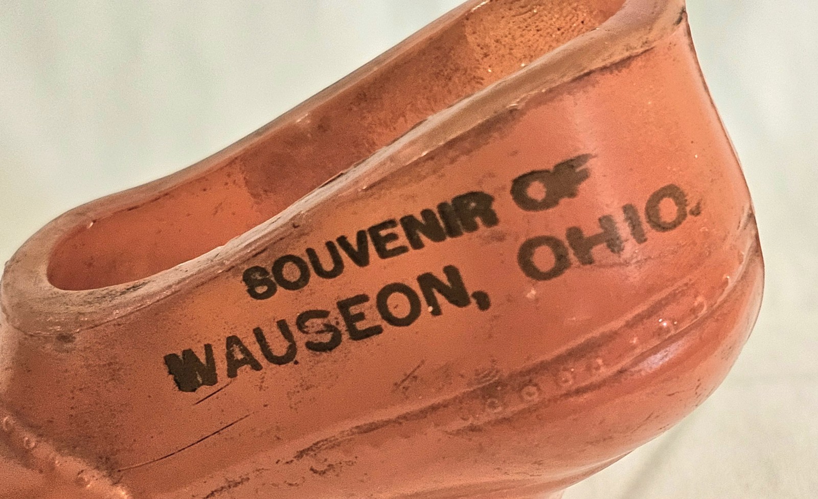 Vintage 1930s Antique Red Orange Painted Glass Shoe Souvenir Wauseon Ohio 4.5″