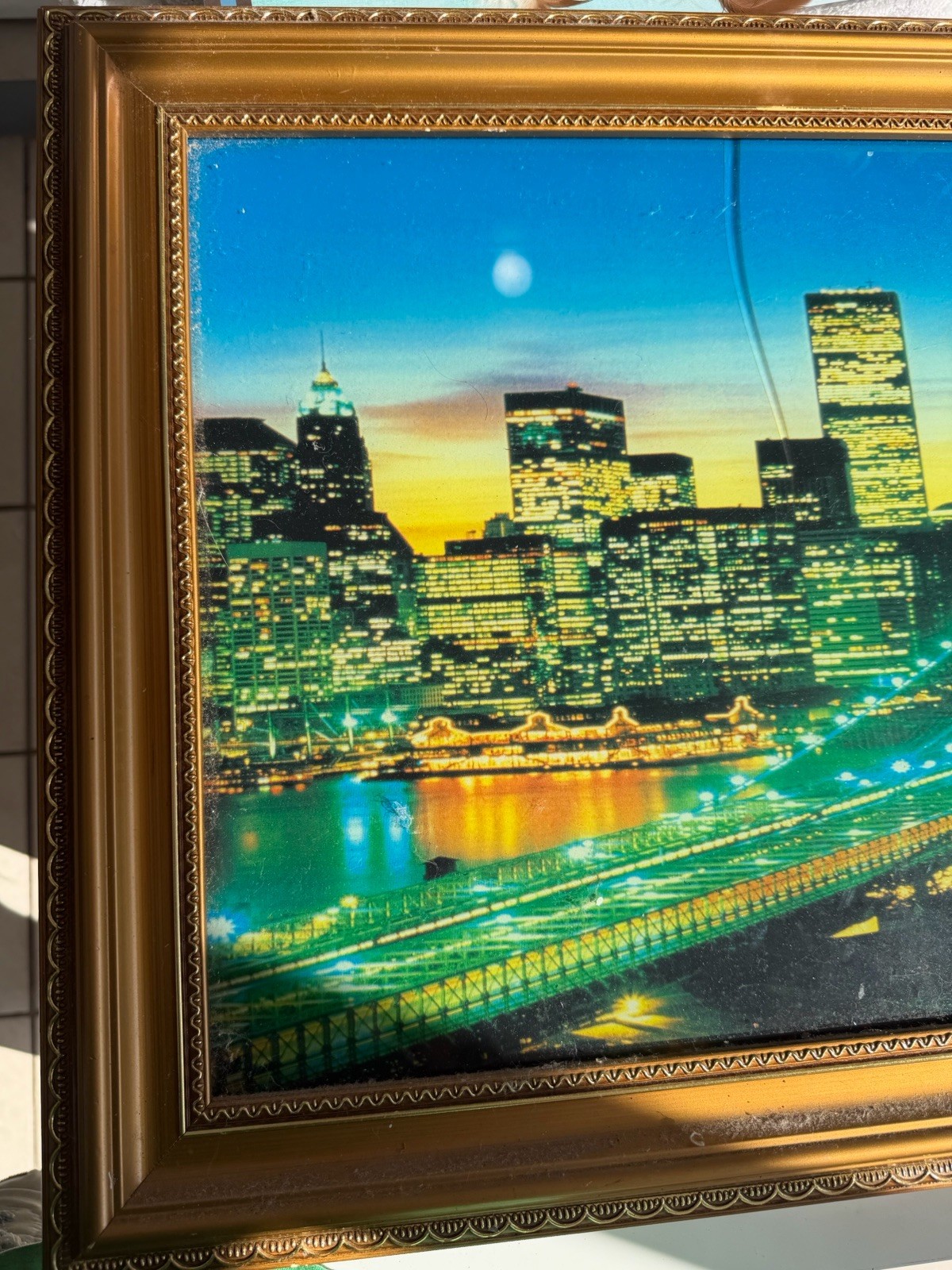 Lighted Photo of New York City Skyline with Twin Towers and Water Sounds