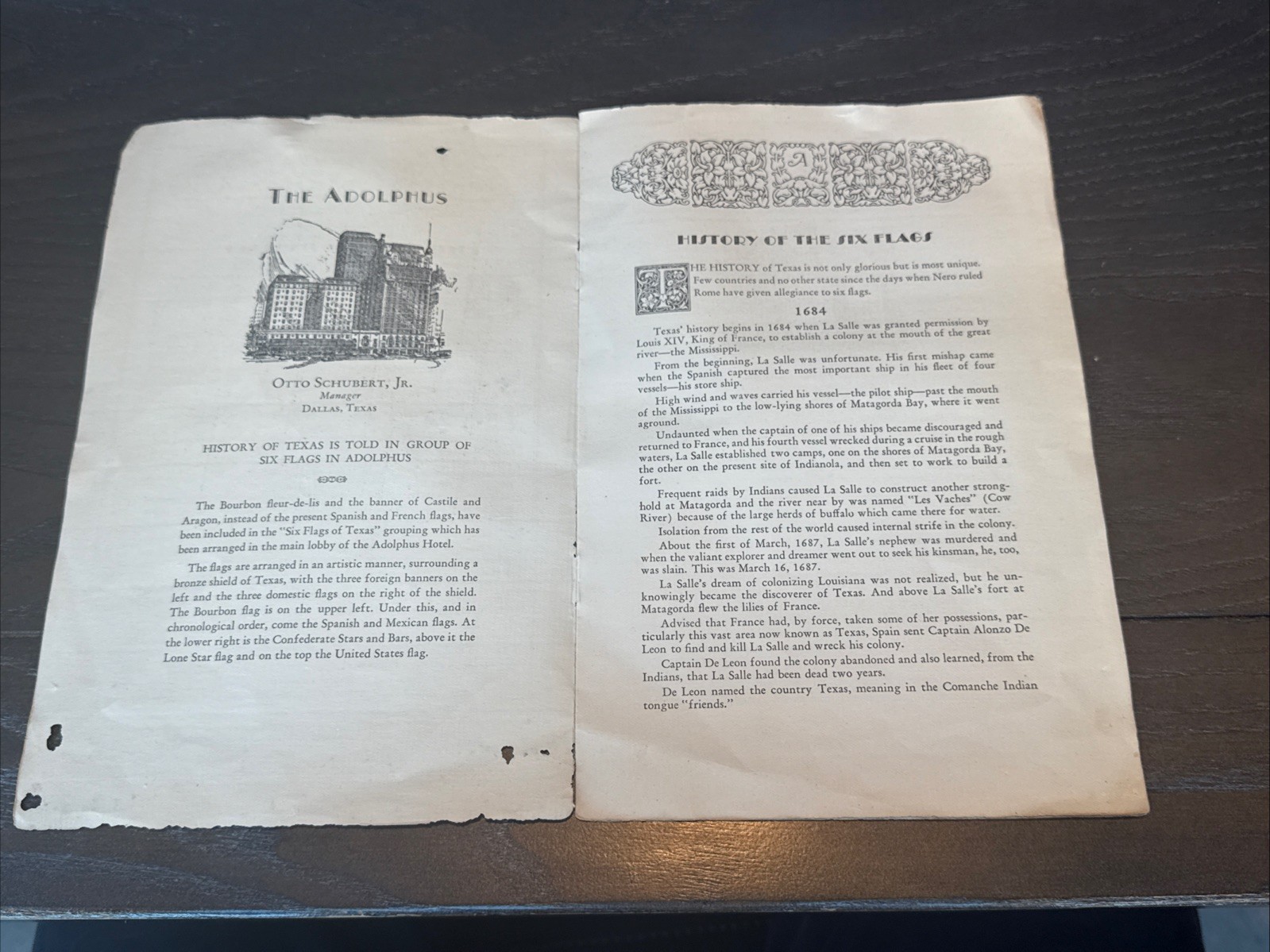 1910’s-‘20’s”Texas Under Six Flags” Brochure-The Adolphus Hotel Dallas Texas
