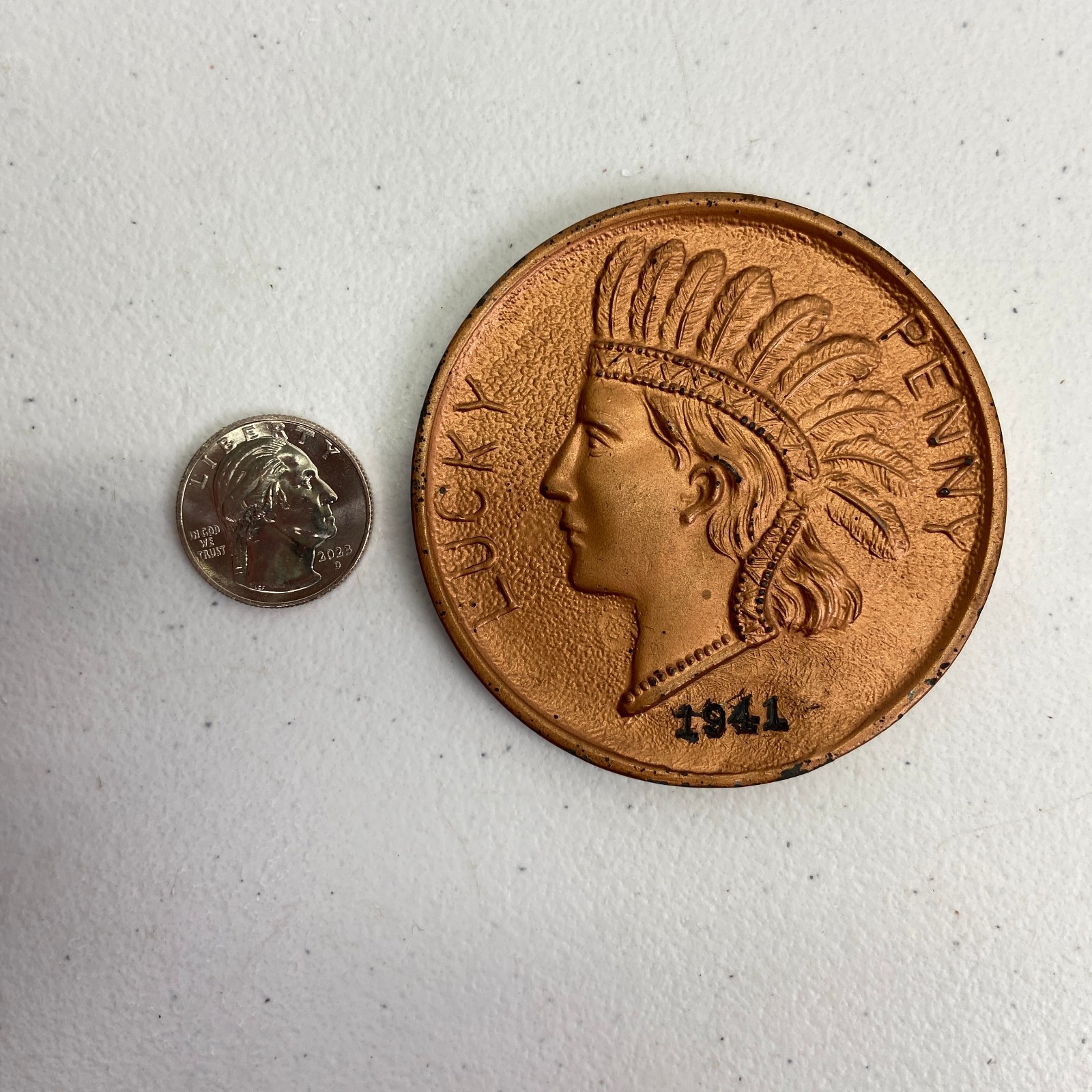Vintage 1941 Lucky Penny Indian Head Souvenir Of Niagara Falls – 3″ Diameter