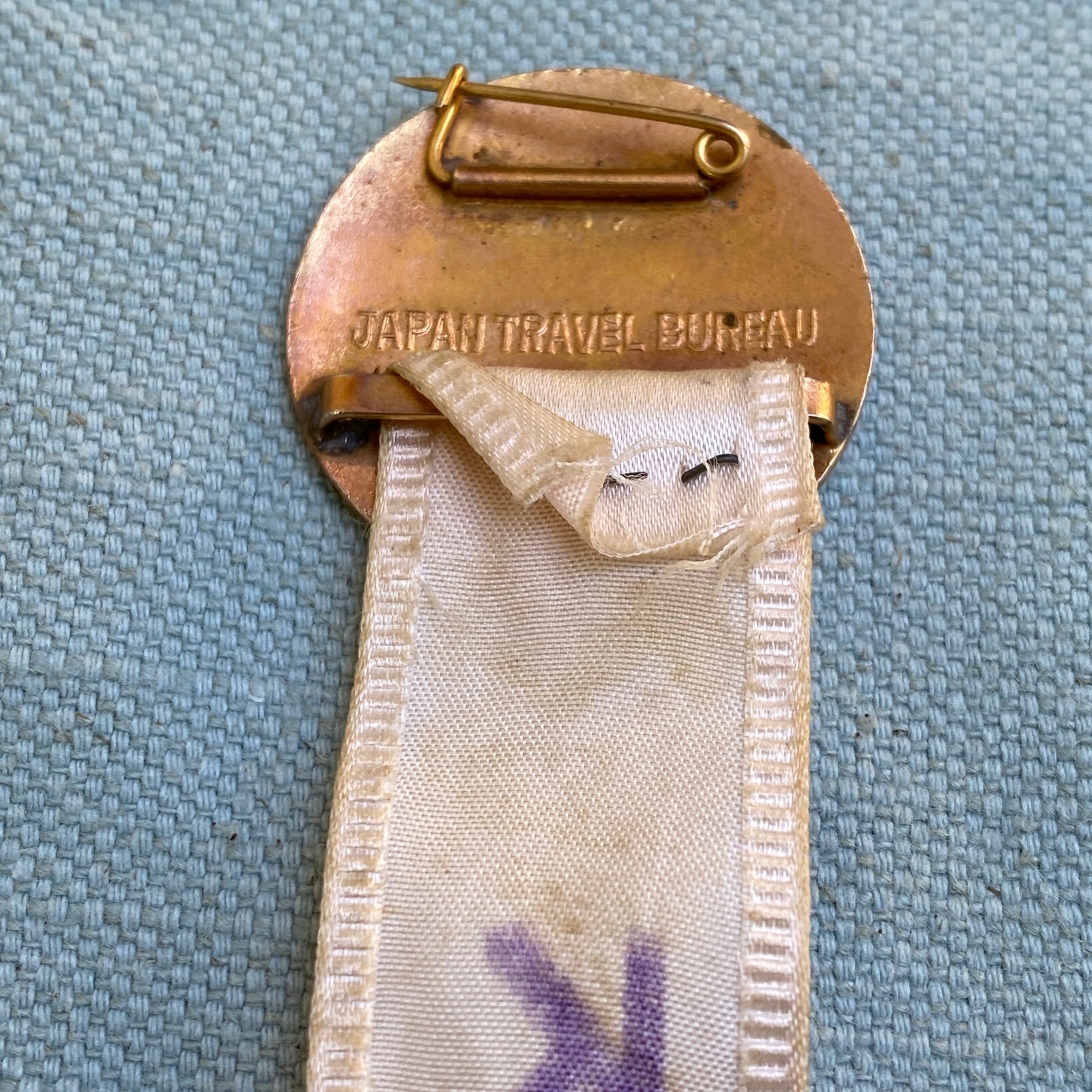 JTB Japan Travel Bureau Tour Pin Round Enameled Metal White Ribbon 1.25” Vintage