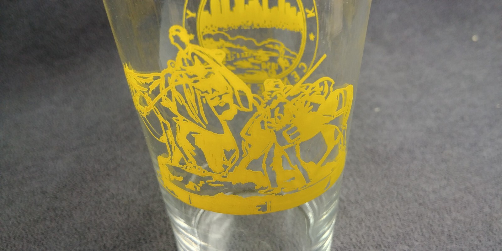 2 1850-1950 Kansas City Centennial Drinking Glass Yellow Red Indian Scout Horse