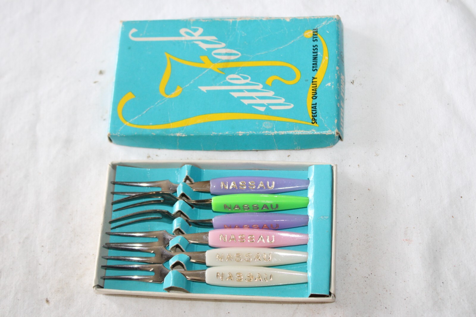 NOS Vtg Nassau Bahamas 6 Souvenir Little Canopy Forks & Spoons Stainless Steel