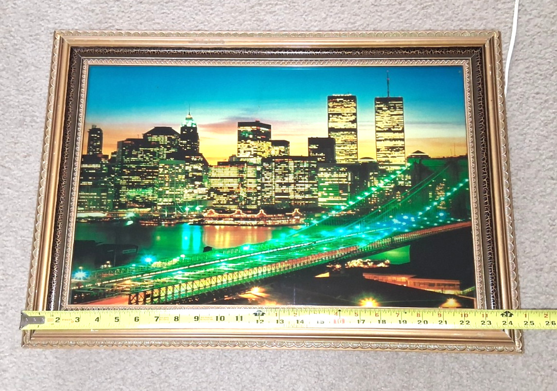 Vintage New York City Skyline Twin Towers Framed Lighted with Sound Picture