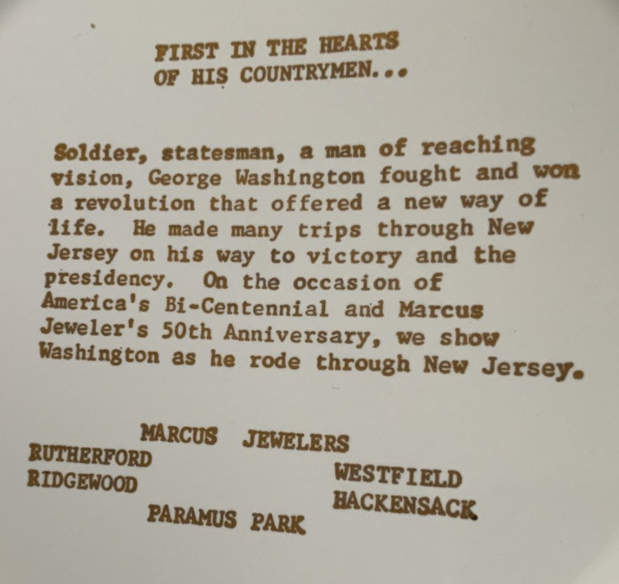 Advertising Bi-Centennial 1776-1976 Calendar Plate G. Washington in NJ Very Good