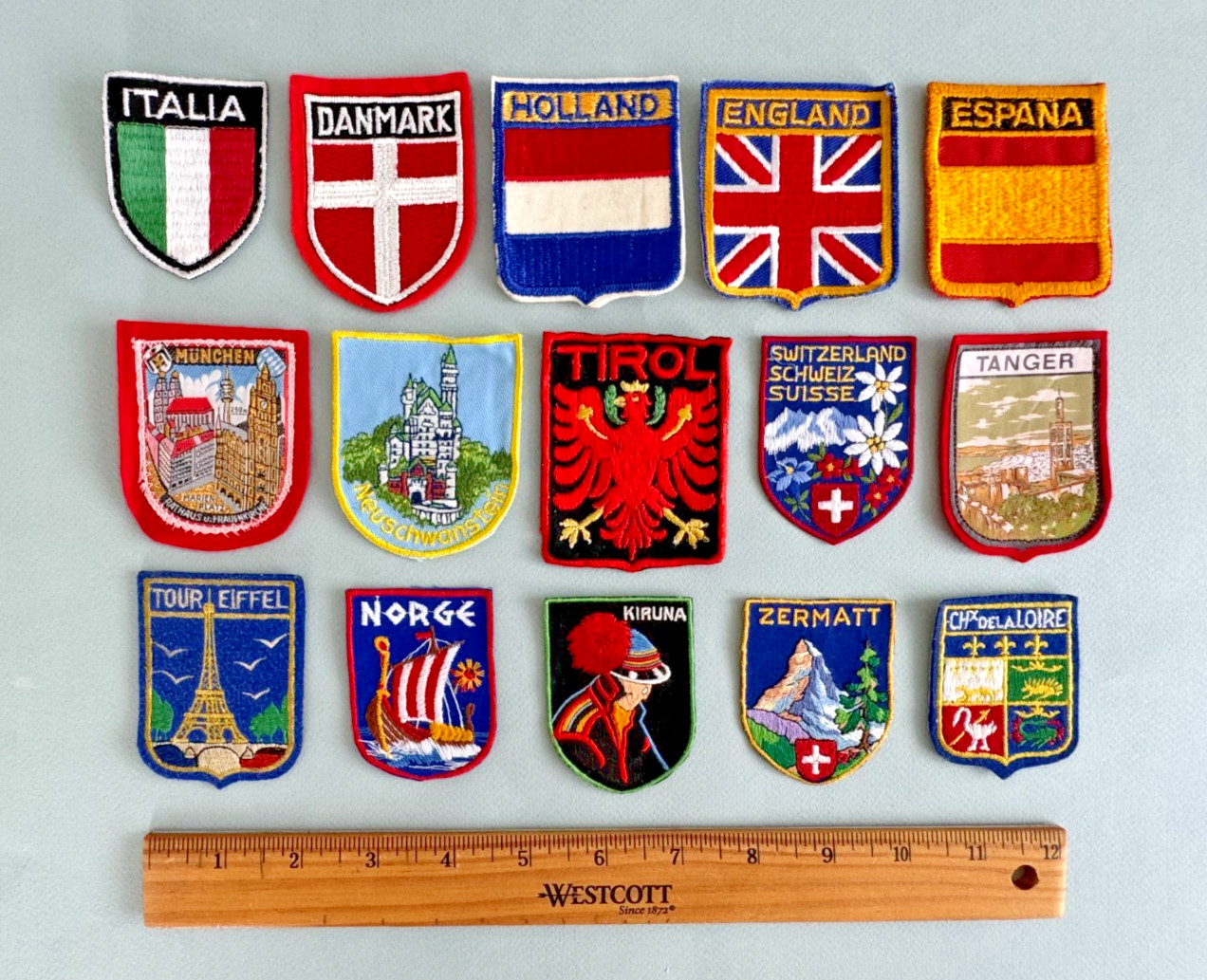 Vintage Embroidered Patches EUROPEAN Travel Souvenirs Lot of 15 Vibrant & MINT!