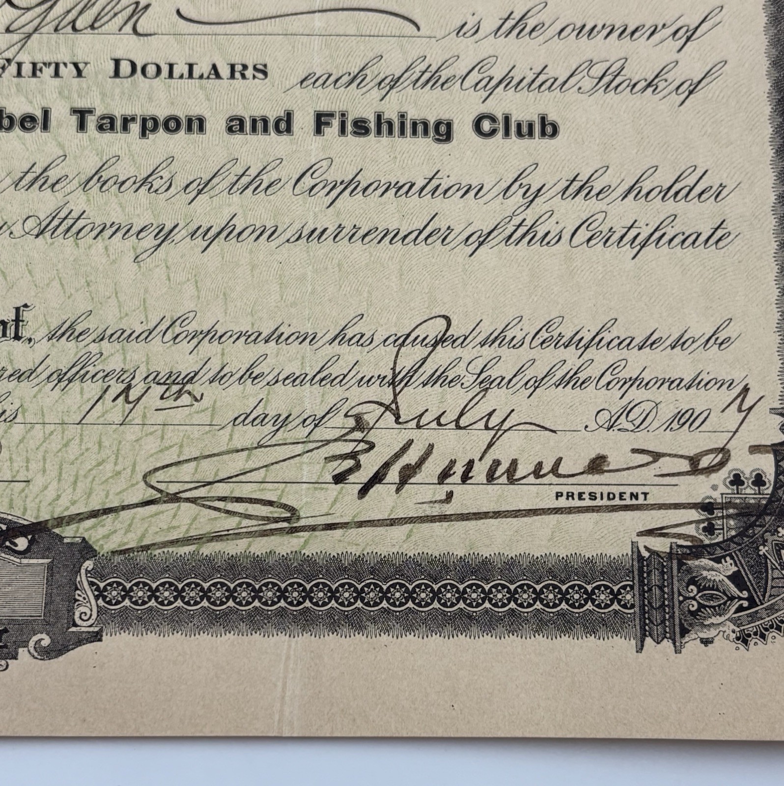1907 Point Isabel Tarpon Fishing Club Stock Certificate Queen Isabel Inn Kleberg