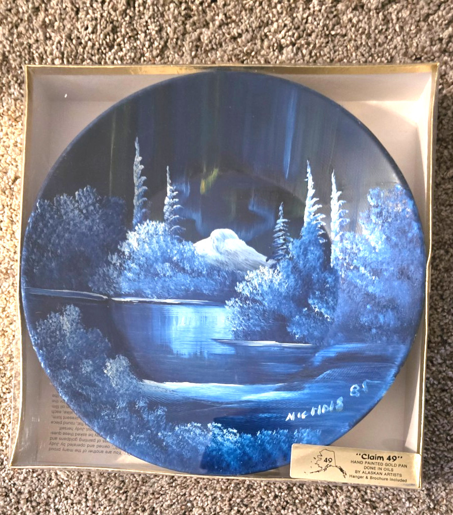 Hand-Painted Gold Pan Alaska Americana Art 12″ Unopened Box 1985