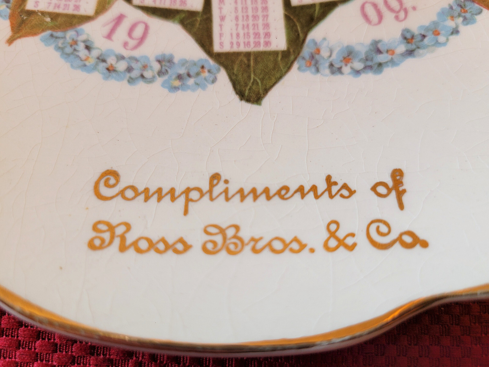 RARE 1909 *Compliments of ROSS BROS.* Souvenir CALENDAR PLATE ~ WORCESTER, MASS.
