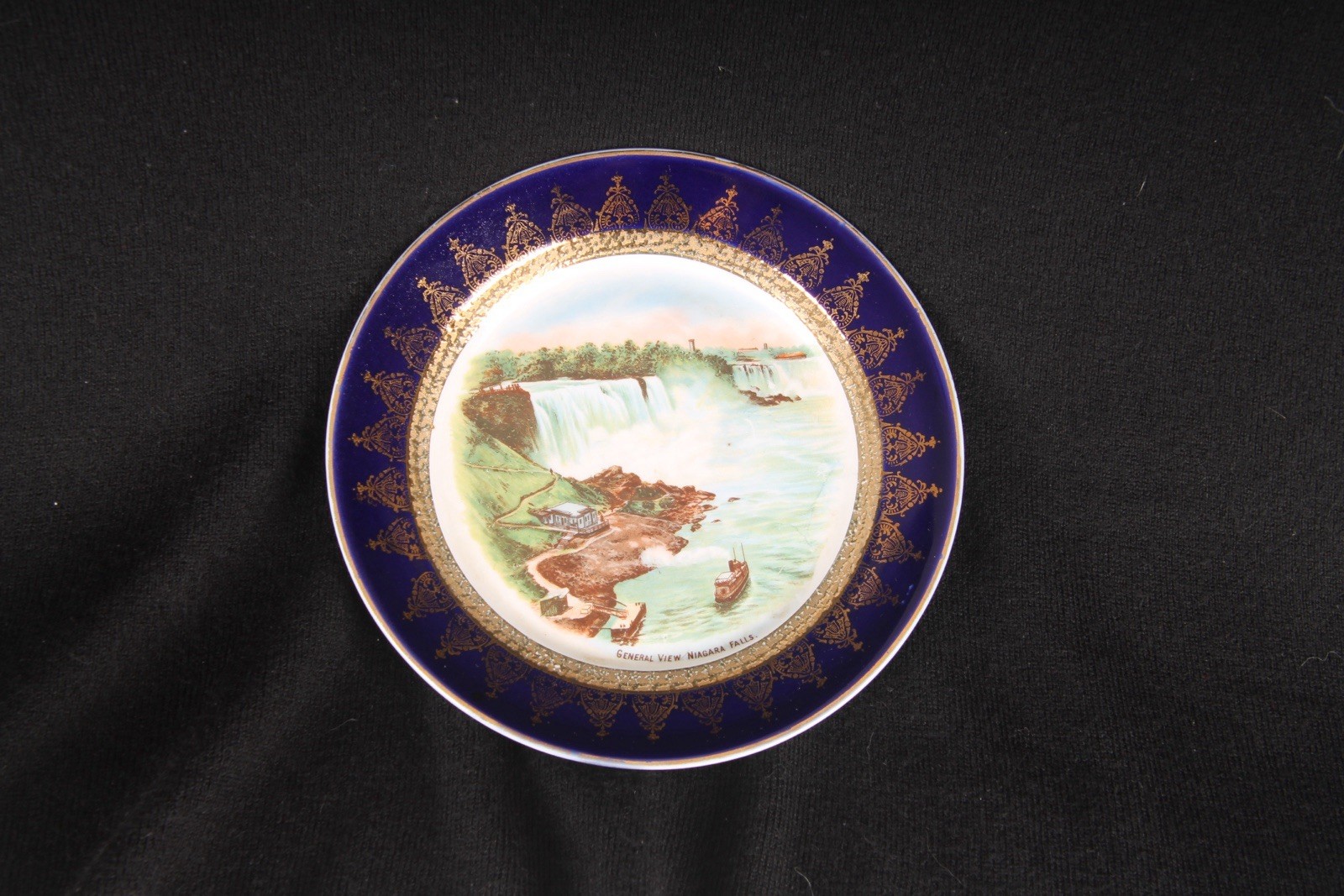 Niagara Falls Blue Gold Porcelain Antique Souvenir Plate Cobalt General View
