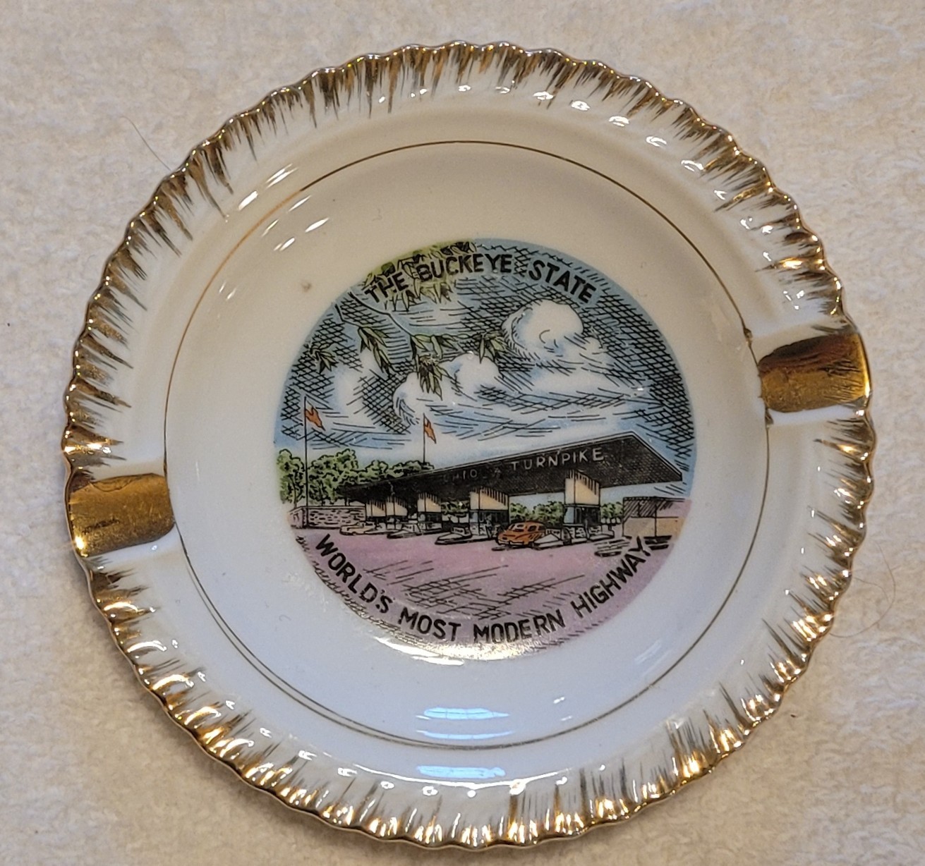 Vintage 60s Ohio Turnpike Buckeye State Modern Highway Souvenir Ceramic Ashtray